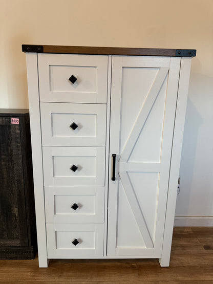 Farmhouse Dresser Storage Cabinet Chest of Drawer for Bedroom, 5 Drawer Dresser with Barn Door, 48 Inch Tall White Wood Dresser, Adjustable Shelves, Rustic, for Living Room, Entryway, Hallway