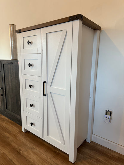 Farmhouse Dresser Storage Cabinet Chest of Drawer for Bedroom, 5 Drawer Dresser with Barn Door, 48 Inch Tall White Wood Dresser, Adjustable Shelves, Rustic, for Living Room, Entryway, Hallway