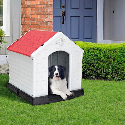 34Inch Large Plastic Dog House - Waterproof Dog Kennel with Air Vents and Elevated Floor All Weather Indoor Outdoor Insulated Doghouse Puppy Shelter Easy to Assemble