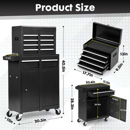 5-Drawer Rolling Tool Chest with Detachable Box, Lockable Wheels & 4 Hooks, Black