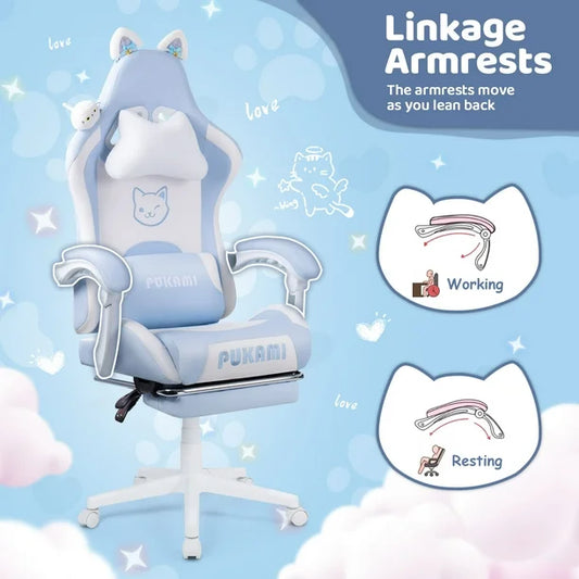 Gaming Chair with Cat Paw Lumbar Cushion and Cat Ears for Girls, Reclining Office Computer Chair with Footrest for Adults, Teens