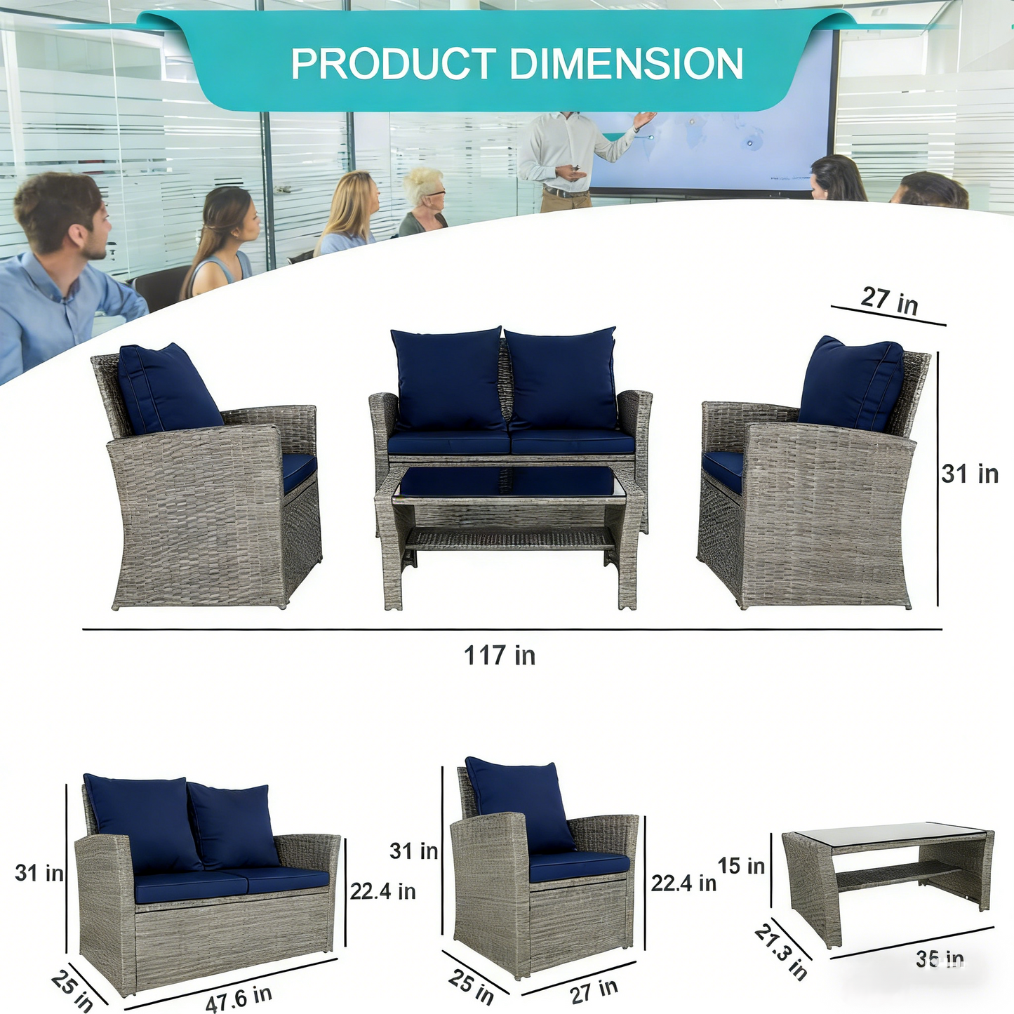 4-Piece Outdoor Rattan Patio Furniture Set Wicker Chairs Table w/ Cushions