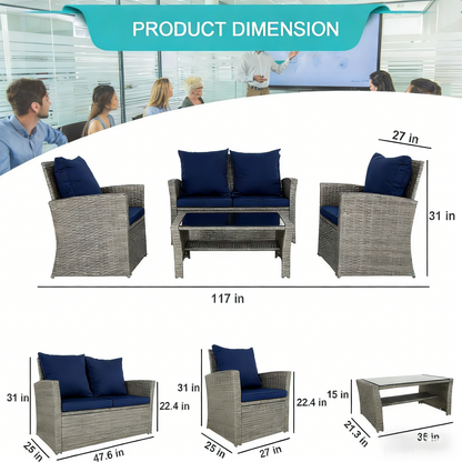 4-Piece Outdoor Rattan Patio Furniture Set Wicker Chairs Table w/ Cushions
