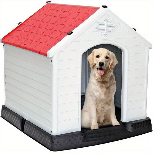 34Inch Large Plastic Dog House - Waterproof Dog Kennel with Air Vents and Elevated Floor All Weather Indoor Outdoor Insulated Doghouse Puppy Shelter Easy to Assemble