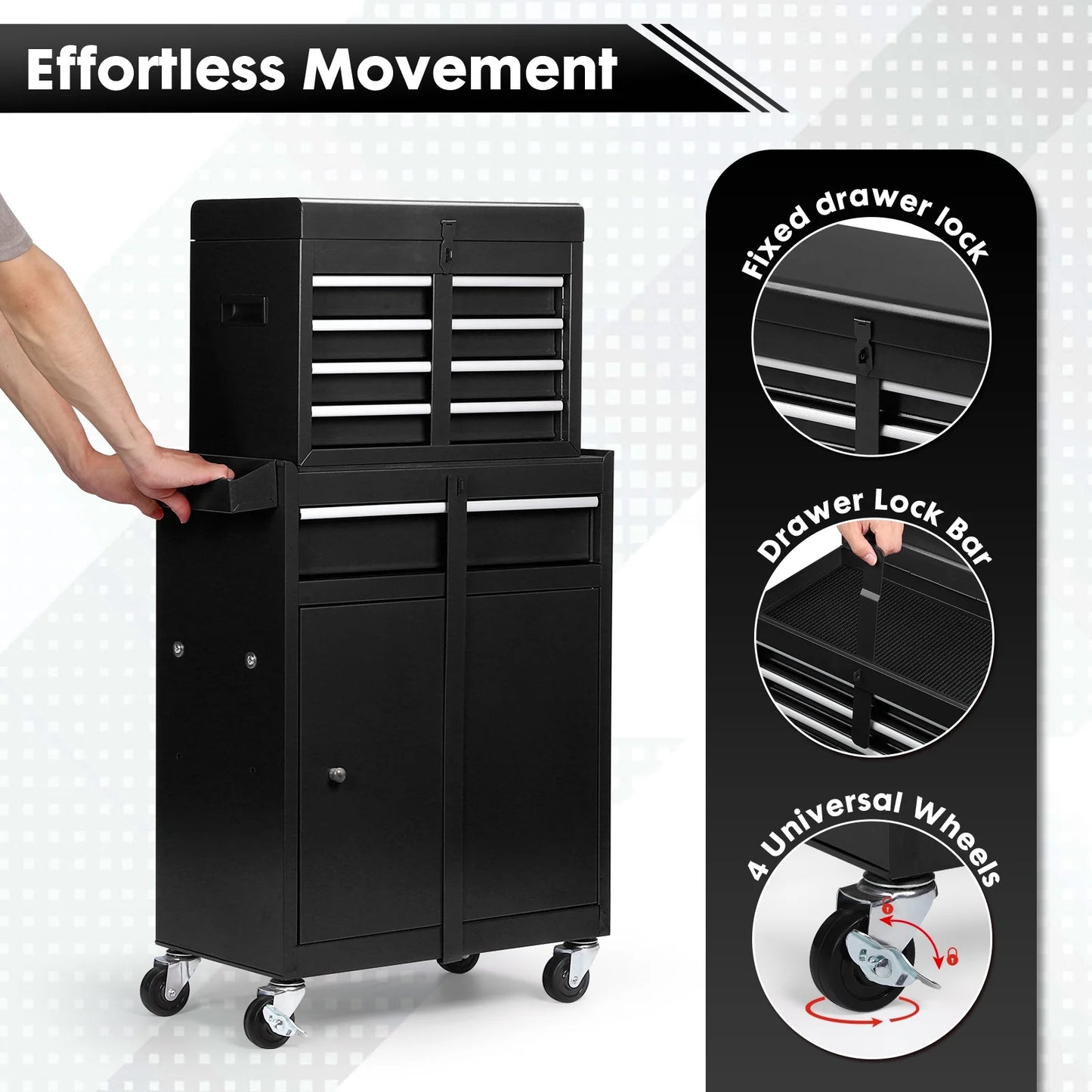 5-Drawer Rolling Tool Chest with Detachable Box, Lockable Wheels & 4 Hooks, Black