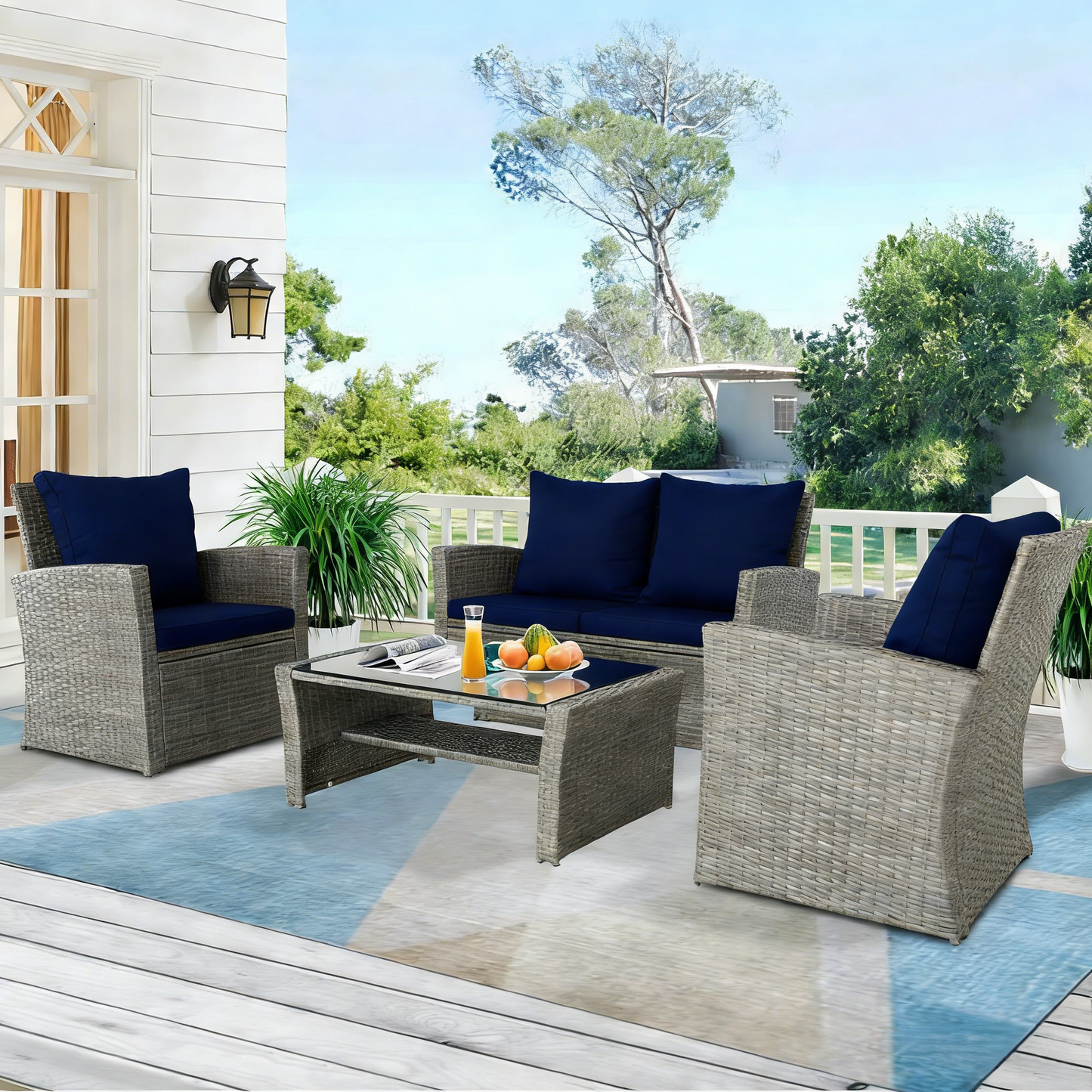 4-Piece Outdoor Rattan Patio Furniture Set Wicker Chairs Table w/ Cushions