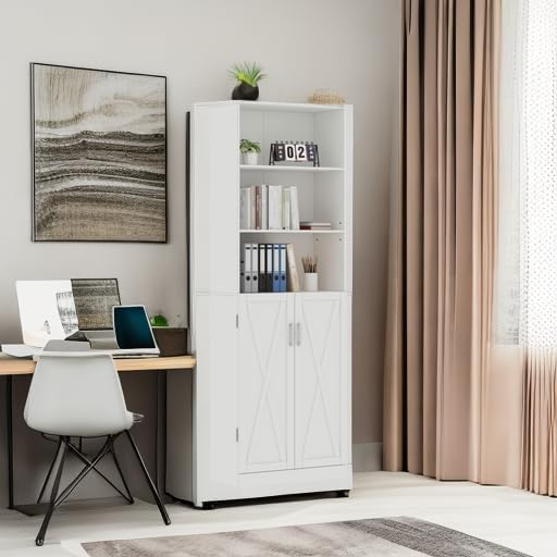 Industrial Boolshelf with Door, 6 Tier Farmhouse Book Shelf with Adjustable Shelves,70" Tall Display Etagere Bookcase,Floor Standing Unit Book Case Furniture for Home Office,Living Room (White)
