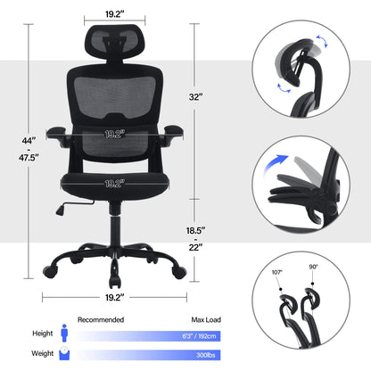 Office Chair, High Back Ergonomic Desk Chair, Mesh Desk Chair with Lumbar Support, headrest and Flip-up Armrests, 400lb, Black