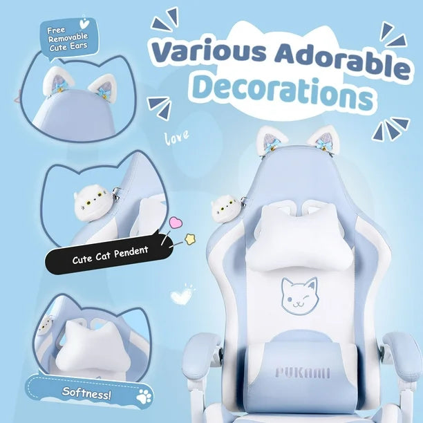 Gaming Chair with Cat Paw Lumbar Cushion and Cat Ears for Girls, Reclining Office Computer Chair with Footrest for Adults, Teens