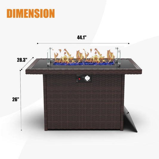 44" Propane Gas Fire Pit Table, 55000 Btu Rectangular Fire Pit With Glass Wind Guard For Outside Patio Deck Garden Backyard