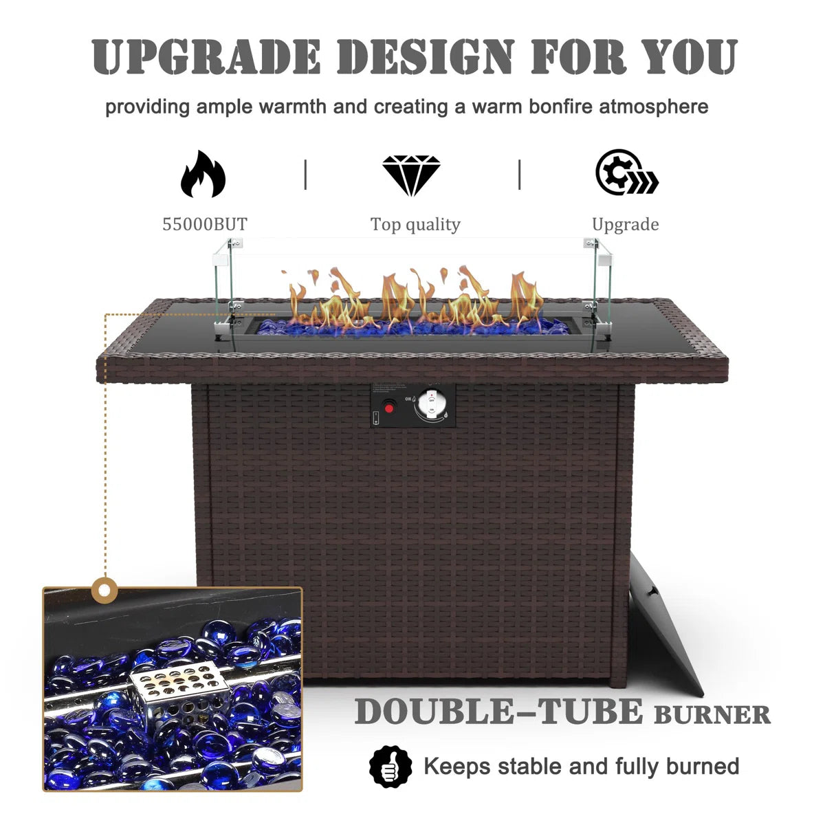 44" Propane Gas Fire Pit Table, 55000 Btu Rectangular Fire Pit With Glass Wind Guard For Outside Patio Deck Garden Backyard