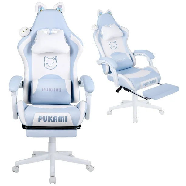 Gaming Chair with Cat Paw Lumbar Cushion and Cat Ears for Girls, Reclining Office Computer Chair with Footrest for Adults, Teens
