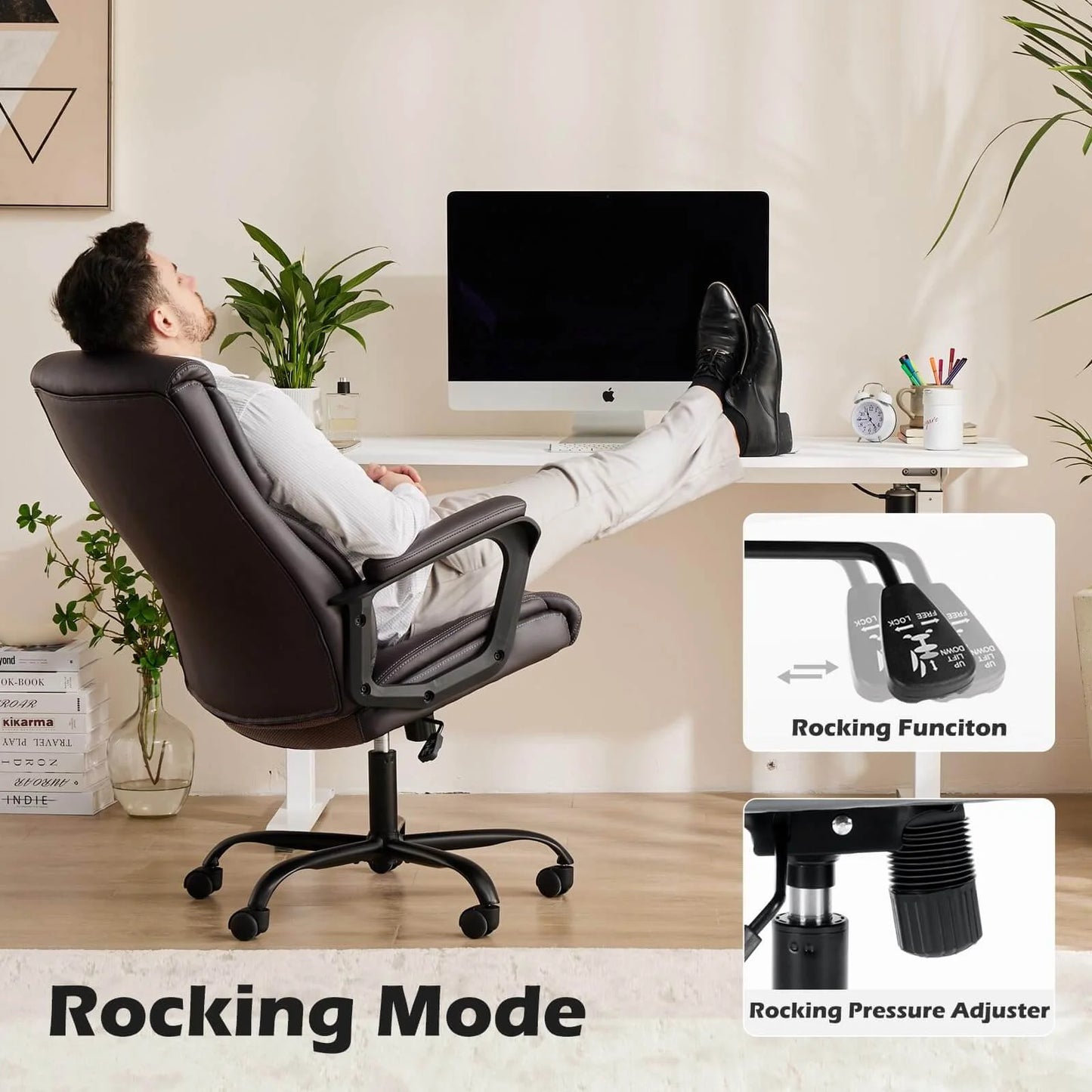 Big and Tall Office Chair Desk Chair 275lbs Wide Seat with Non-Adjustable Armrest and Lumbar Support PU Leather High Back Executive Task Ergonomic Computer Chair for Back Pain,Brown