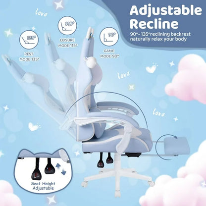 Gaming Chair with Cat Paw Lumbar Cushion and Cat Ears for Girls, Reclining Office Computer Chair with Footrest for Adults, Teens