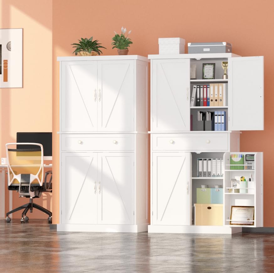 72“ Kitchen Pantry Cabinet White, Tall Pantry Storage Cabinet with Adjustable Shelves and Drawer, Kitchen Buffet Cupboards Sideboard for Home Office Use (16" D x 30" W x 72" H)