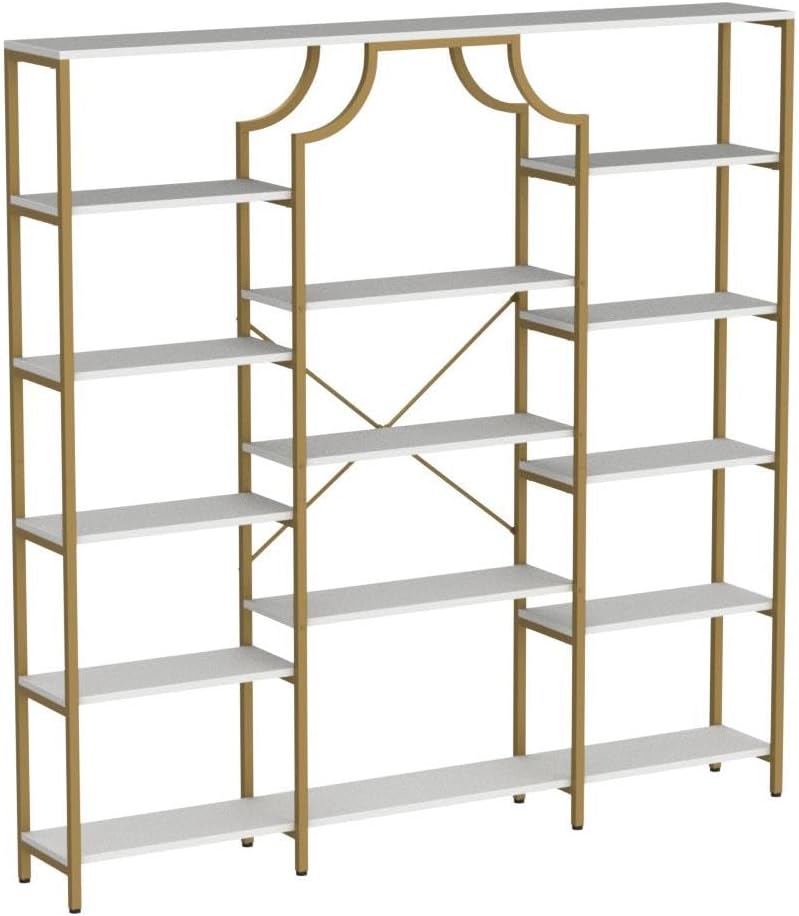Triple Wide Bookshelf, 70.87" W/H Large Tall Etagere Bookcase, Modern 13-Open Shelves Geometric Bookshelf, Display Storage Metal Book Case, for Bedroom, Home Office & Living Room, Gold & White