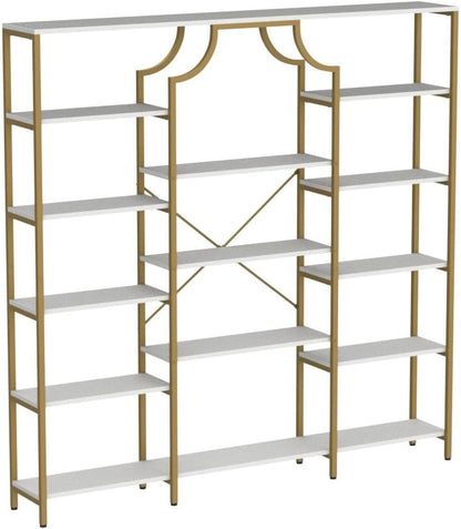 Triple Wide Bookshelf, 70.87" W/H Large Tall Etagere Bookcase, Modern 13-Open Shelves Geometric Bookshelf, Display Storage Metal Book Case, for Bedroom, Home Office & Living Room, Gold & White