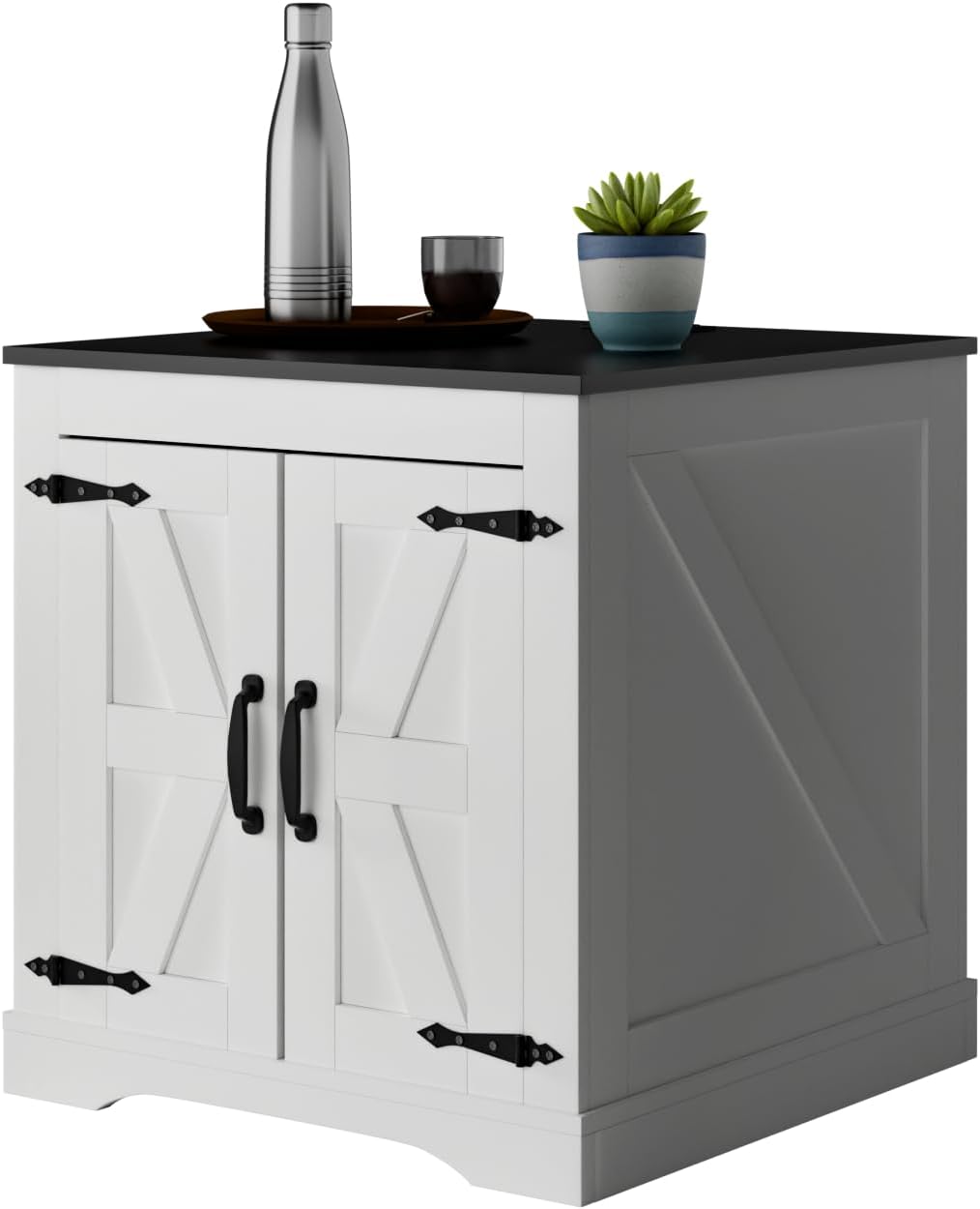 Farmhouse End Table, Sofa Side Table with Charging Station, 24" Large Wood Square Nightstand with Doors, Modern Storage Cabinet for Living Room, Bedroom, Entryway (White)