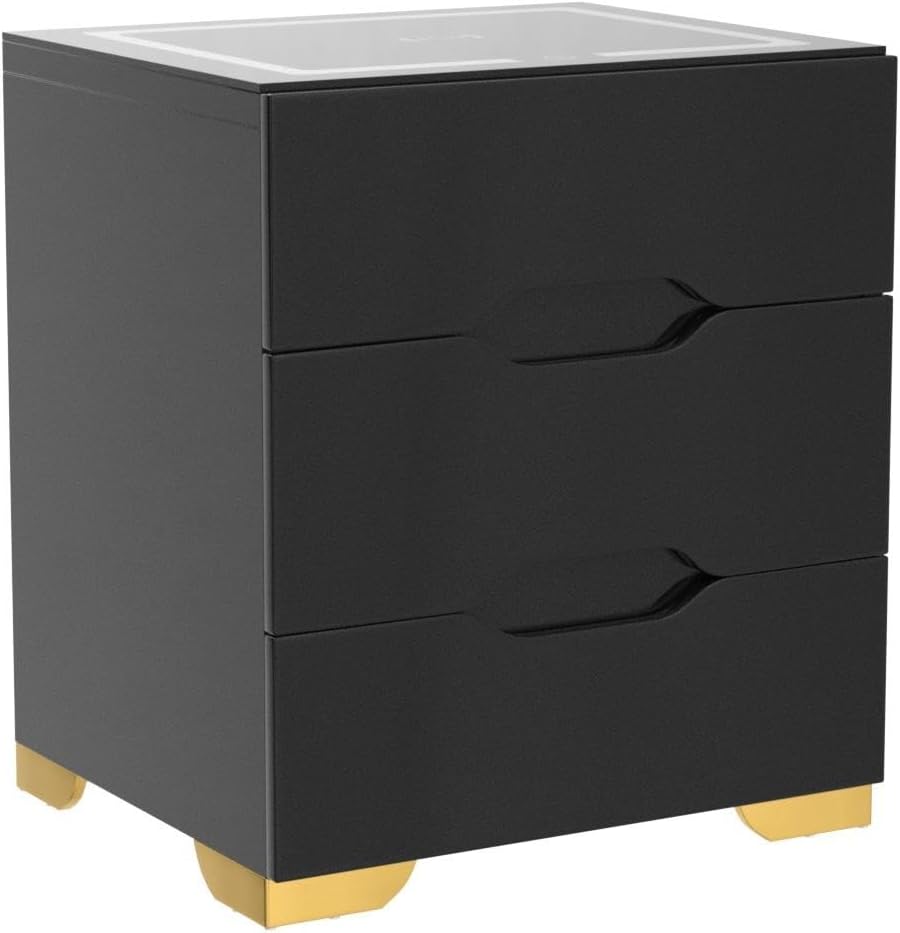 Black Smart Nightstand with Wireless Charging Station & USB Charging, High Gloss Smart Bedside Table with Adjustable LED Lights, End Table Organizer for Bedroom Living Room Office Use