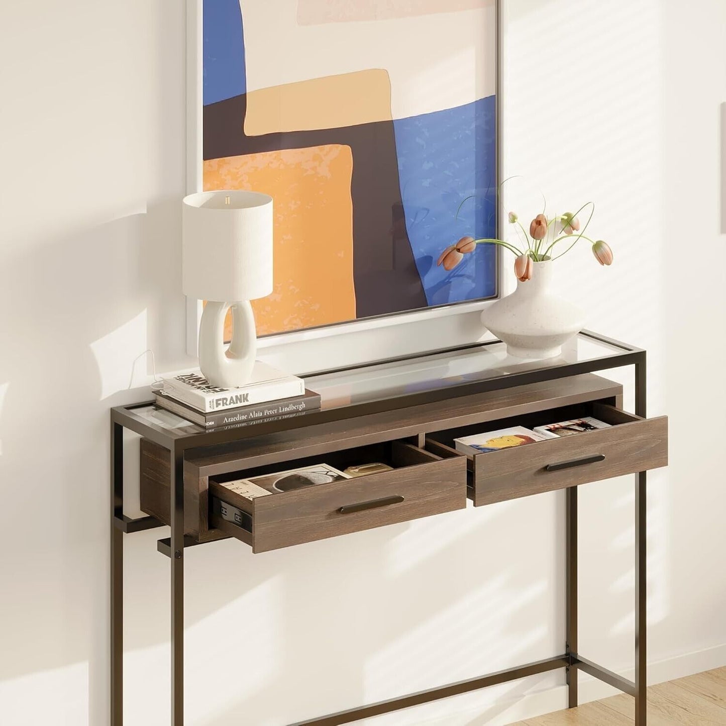 City Minimalist Entryway Console Table - 43 Inch Narrow Console Table 2 Drawers