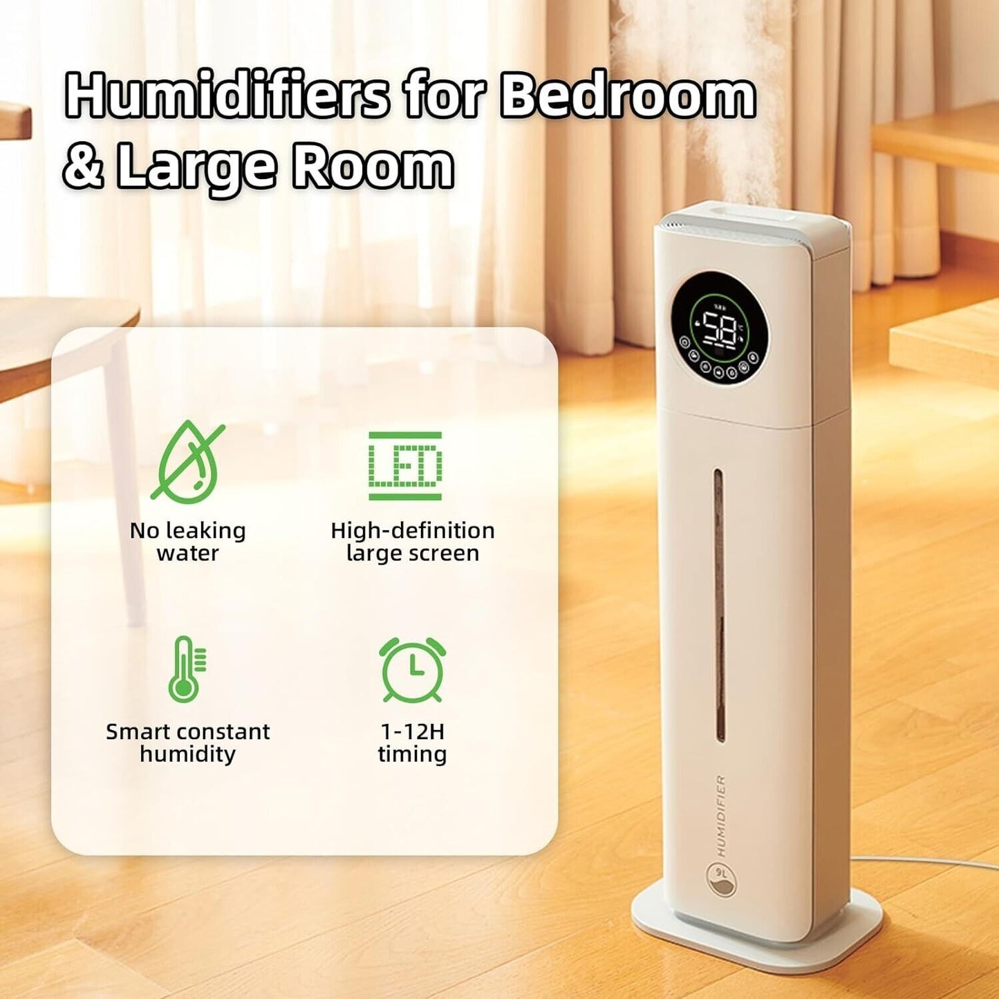 Floor Standing Humidifier for Large Room 9L/2.4G Top Fill Humidifiers with Timer