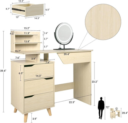 Makeup Vanity with Shelves 3 Level Storage Dressers 3 Lighting Modes with Mirror