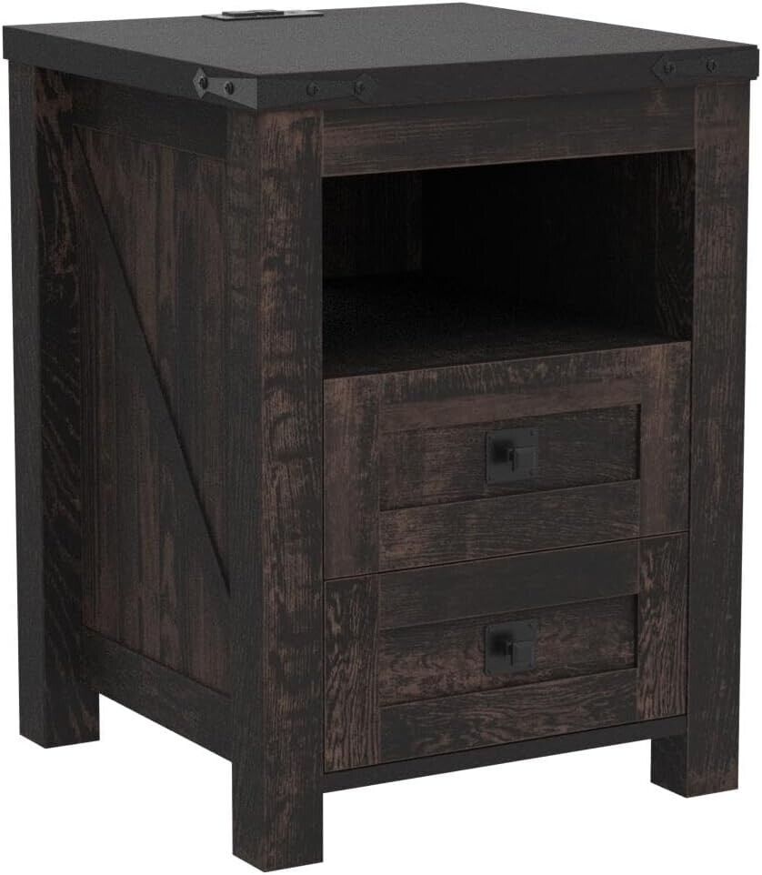 Nightstand with Charging Station Side Table with 2 Drawers Storage Rustic Oak