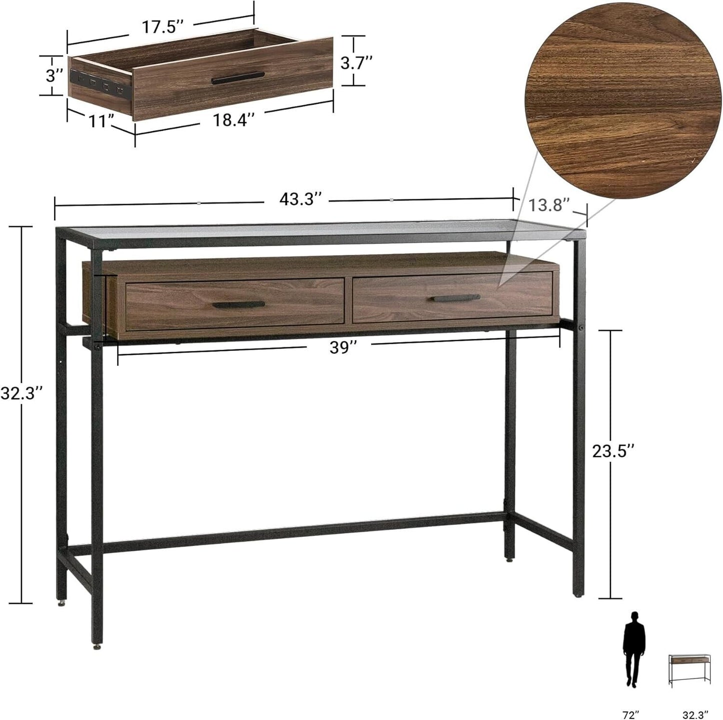 City Minimalist Entryway Console Table - 43 Inch Narrow Console Table 2 Drawers