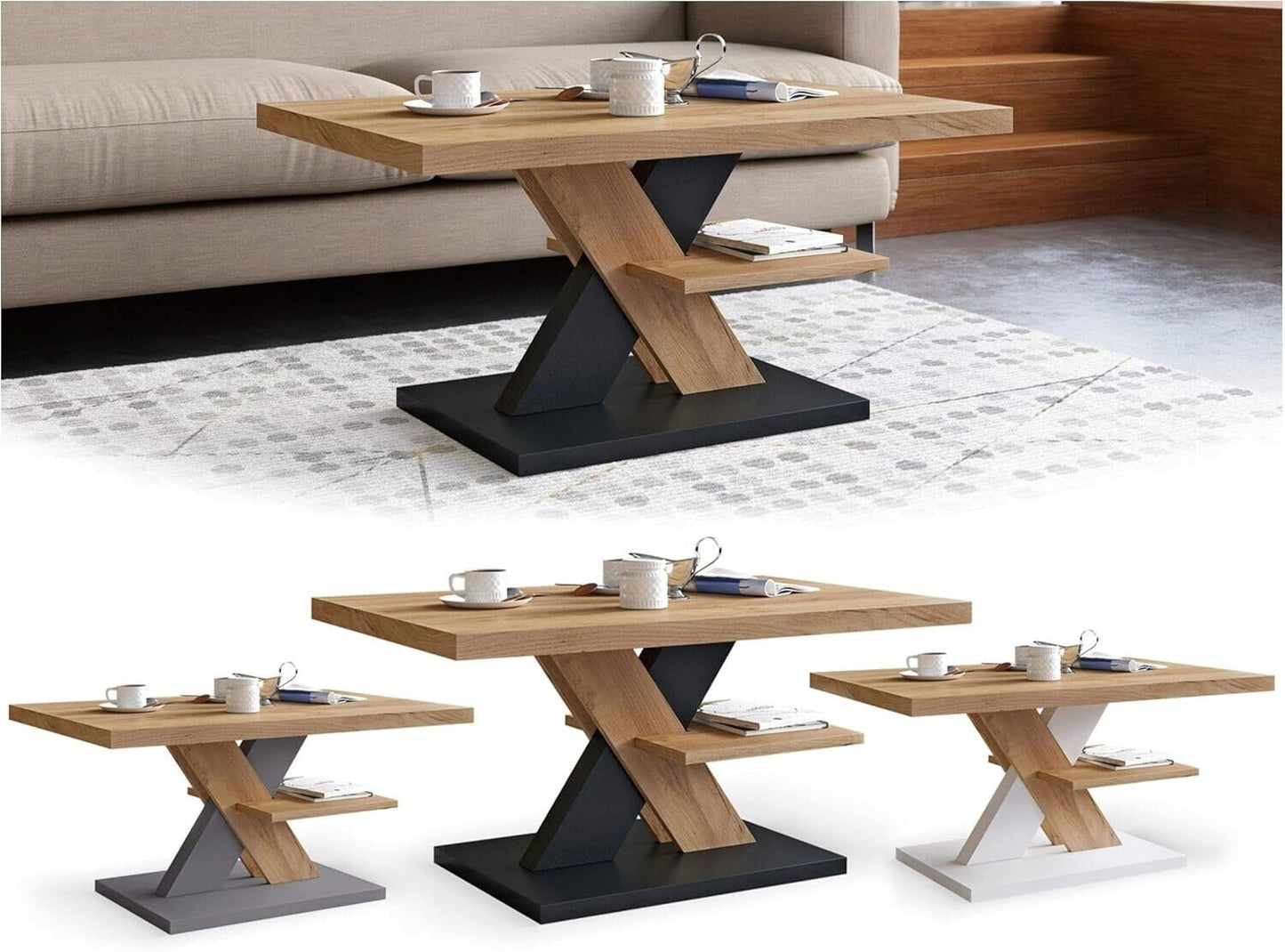 Coffee Table Square Modern Wood Tea Table with Large Two Storage Drawers Oak