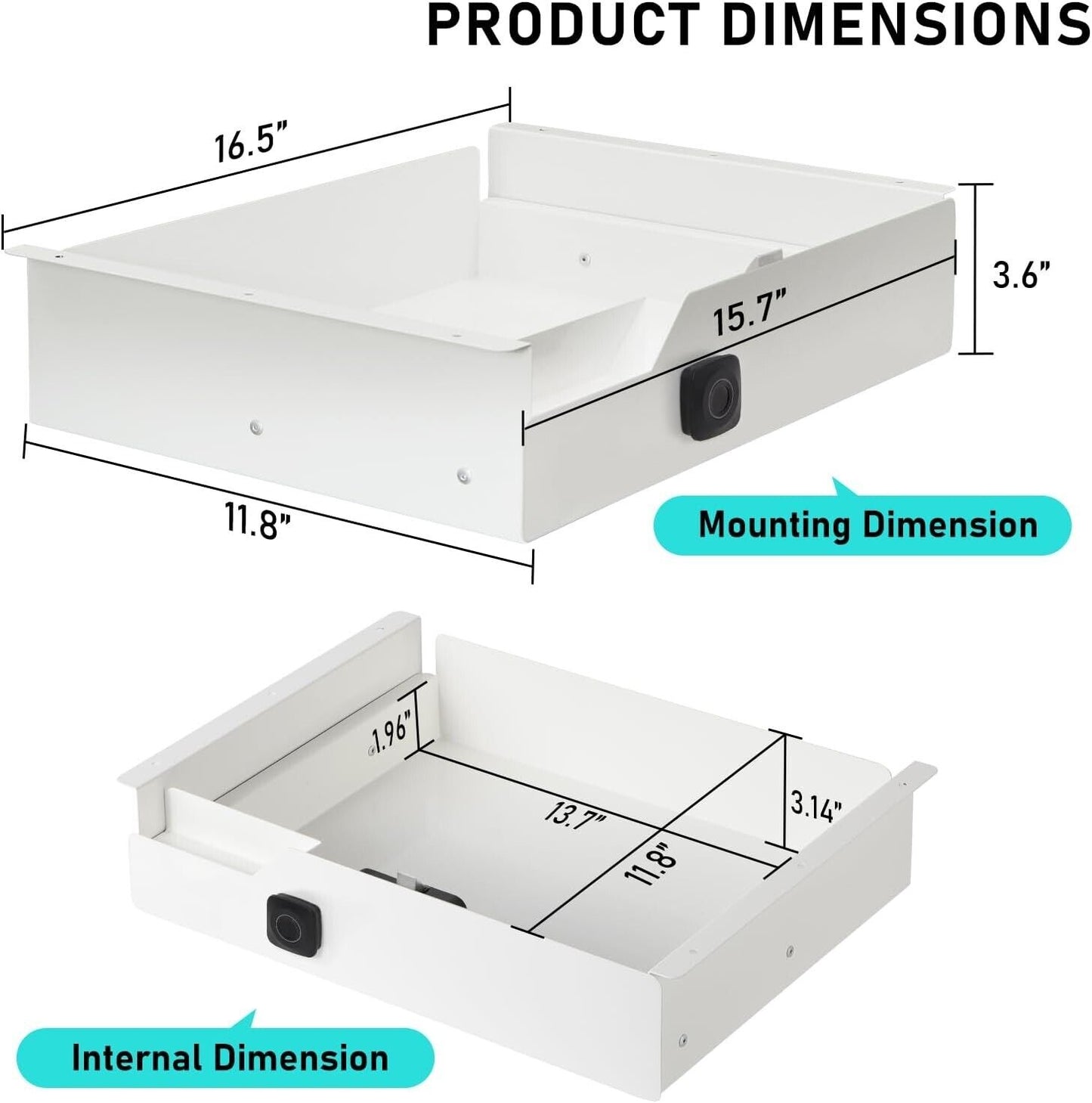 16 inch Secure Under Desk Mounted Pull Out Drawer with Fingerprint Lock for Offi