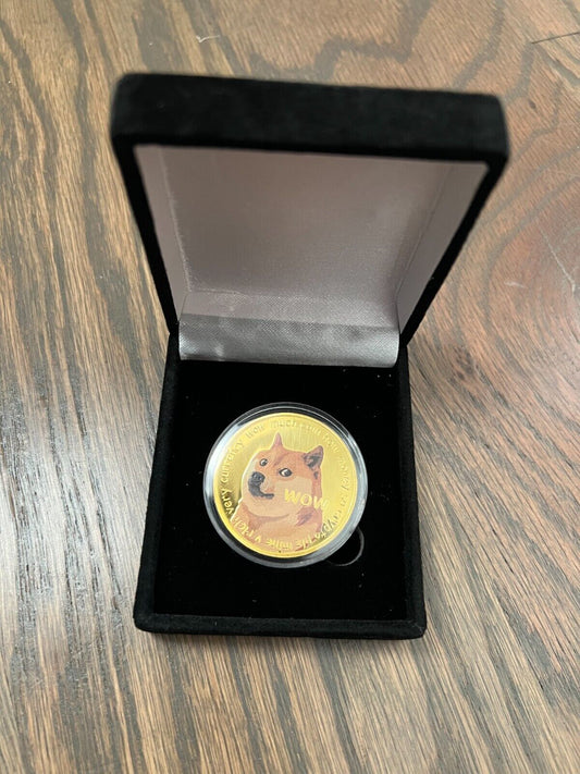 2x Gold Dogecoin Coins Commemorative 2021 New Collectors Gold Plated Black Case