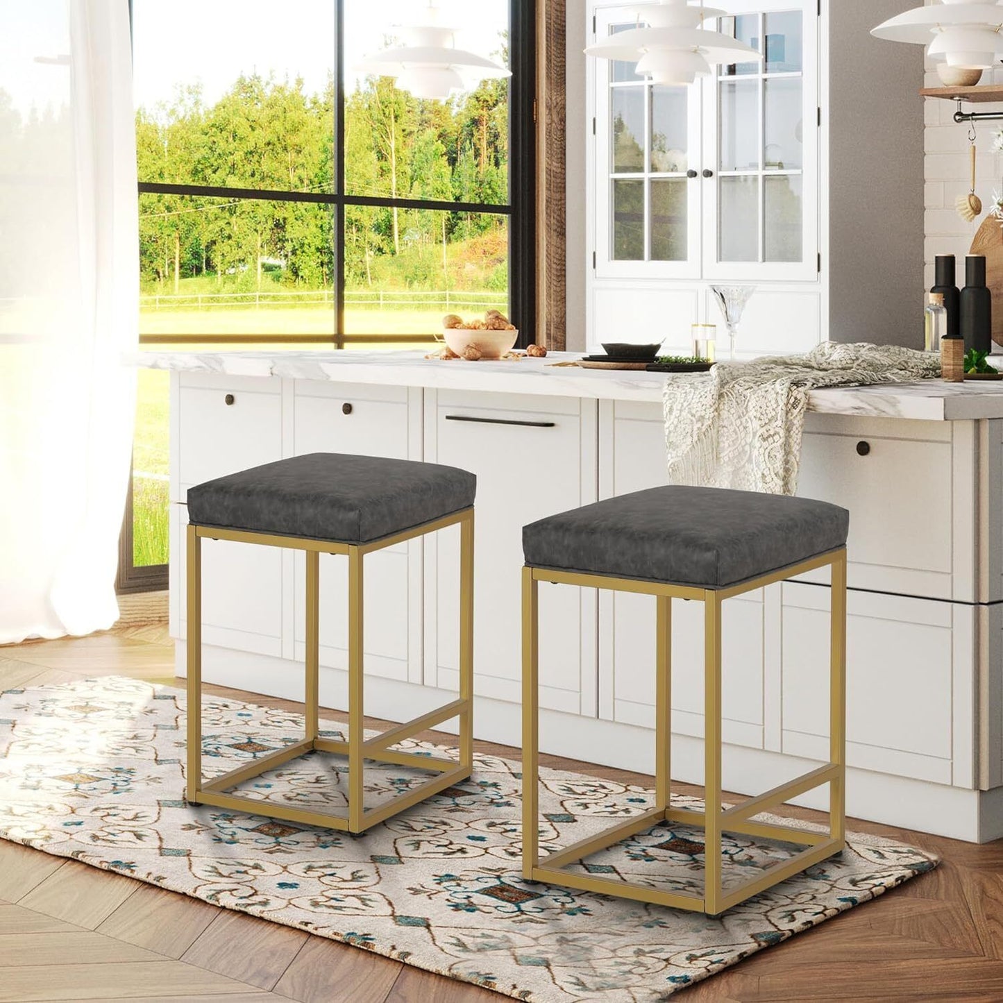 Set of 2 Black 24 Inch Backless Counter Bar Stools PU Leather Seat for Kitchen