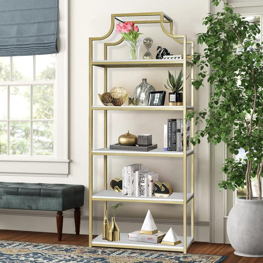 5-Tier Gold Bookcase, 29.5" Lx70.6 H, Bookshelf for Bedroom,Gold Book Display Sh