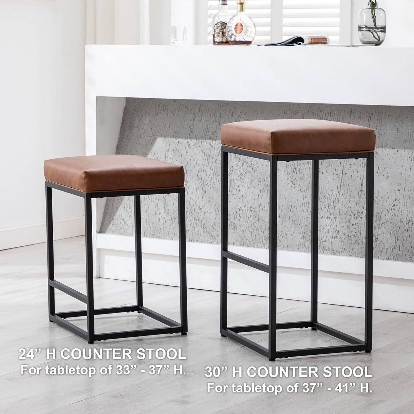 Set of 2 Black 24 Inch Backless Counter Bar Stools PU Leather Seat for Kitchen