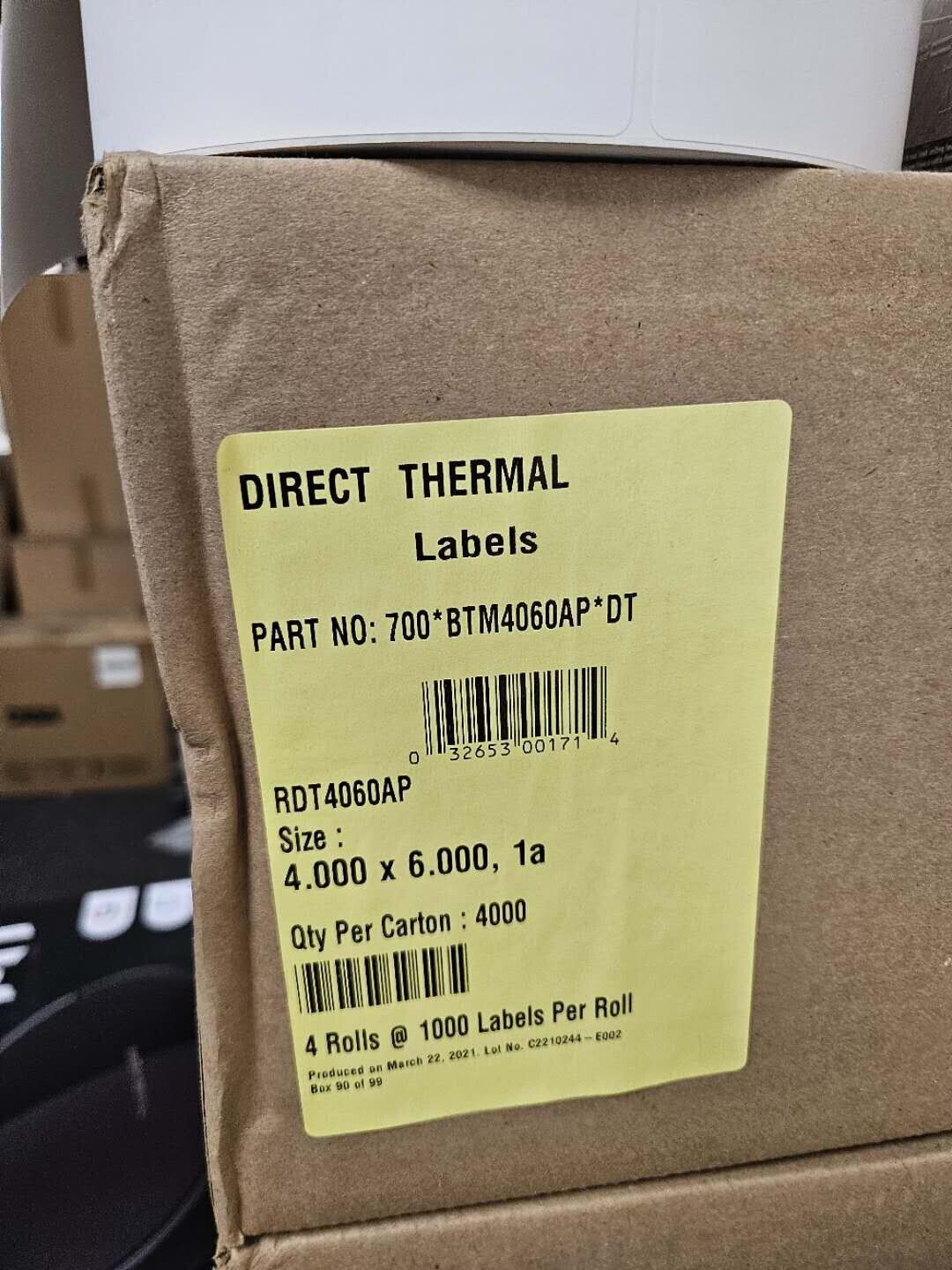 4x1000 per roll 4x6 Direct Thermal Labels With 3" Core (Part #:700*BTM4060AP*DT)