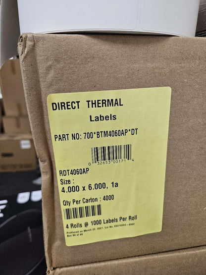 4x1000 per roll 4x6 Direct Thermal Labels With 3" Core (Part #:700*BTM4060AP*DT)