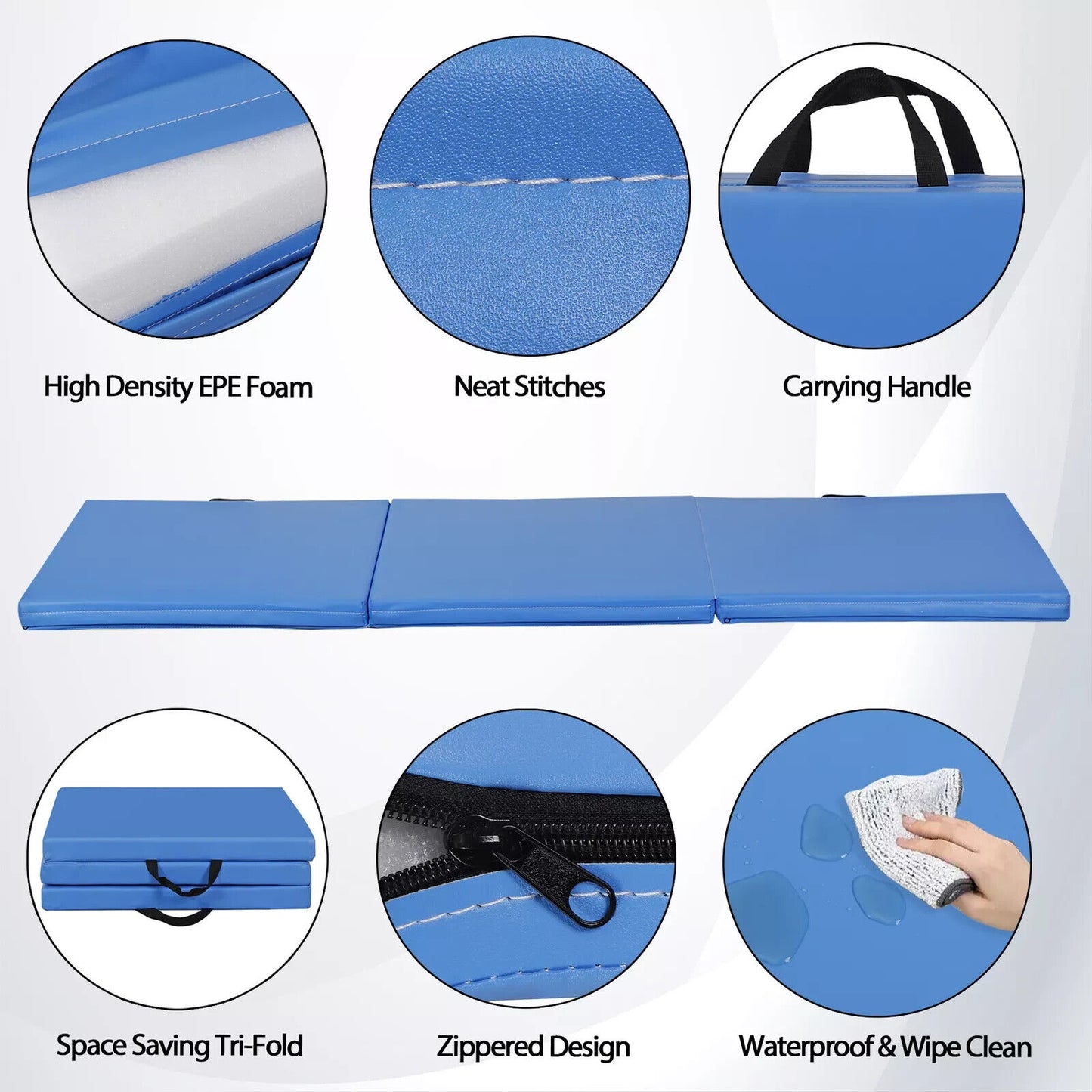 Blue Folding Mat Thick Foam Fitness Exercise Gymnastics Panel Gym Workout 6'x2"