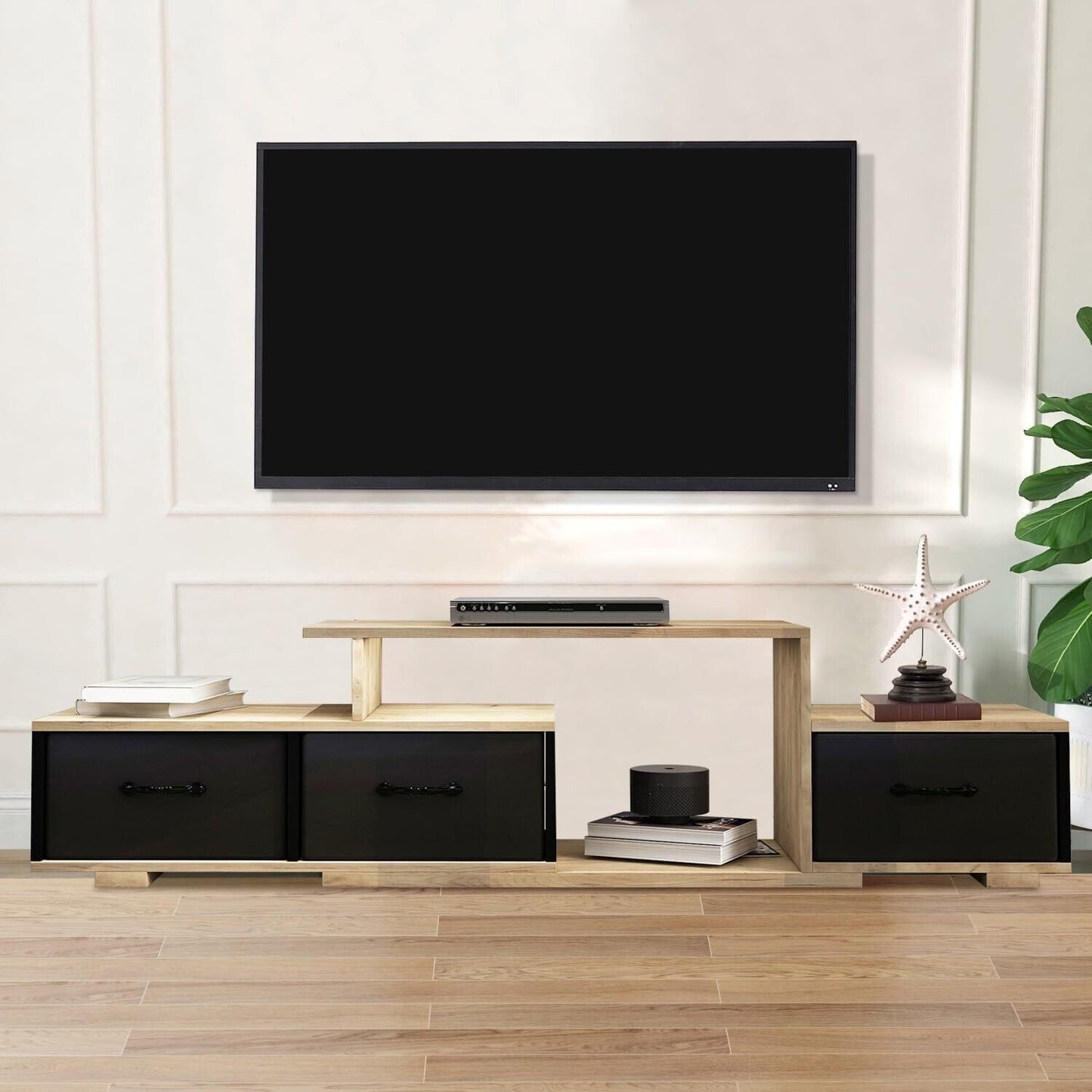 63" Modern Floating TV Stand with 3 Fabric Drawers and Shelf Wooden Finish Brown