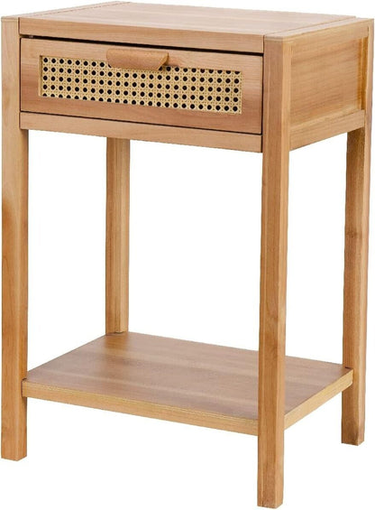 Nightstand with Rattan Door Wooden Bedside Table End Table 1 Drawer Storage