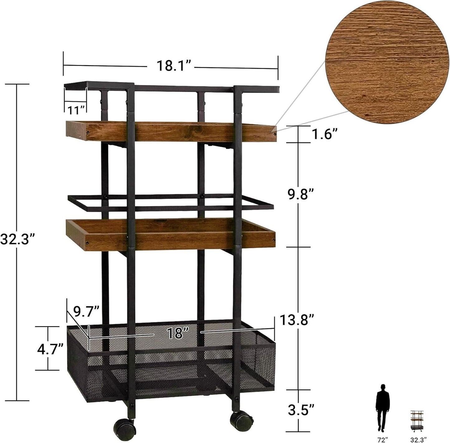 Deco Beverage Cart - Kitchen Cart with Wheels Rolling Cart Storage, Utility Cart