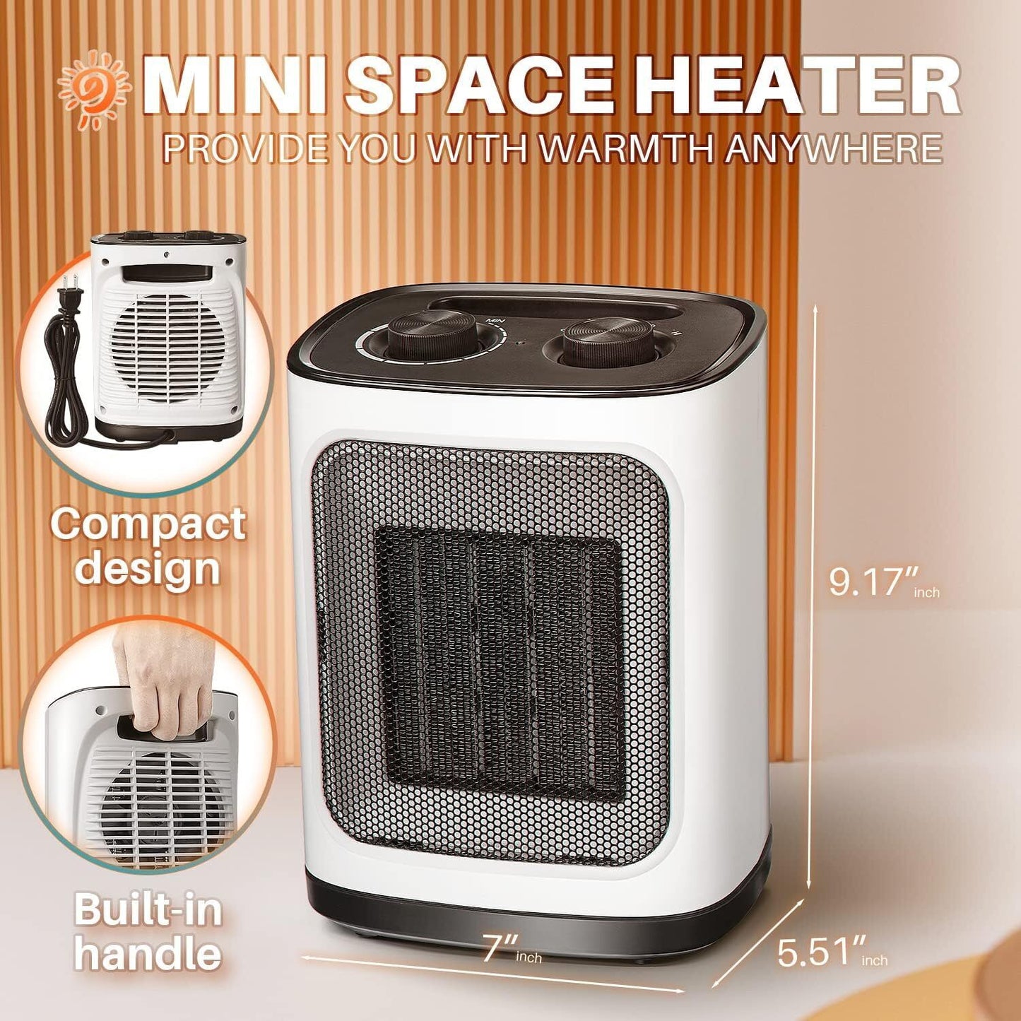 Kismile Small Electric Space Heater Ceramic Space Heater Fan Portable 750W/1500W