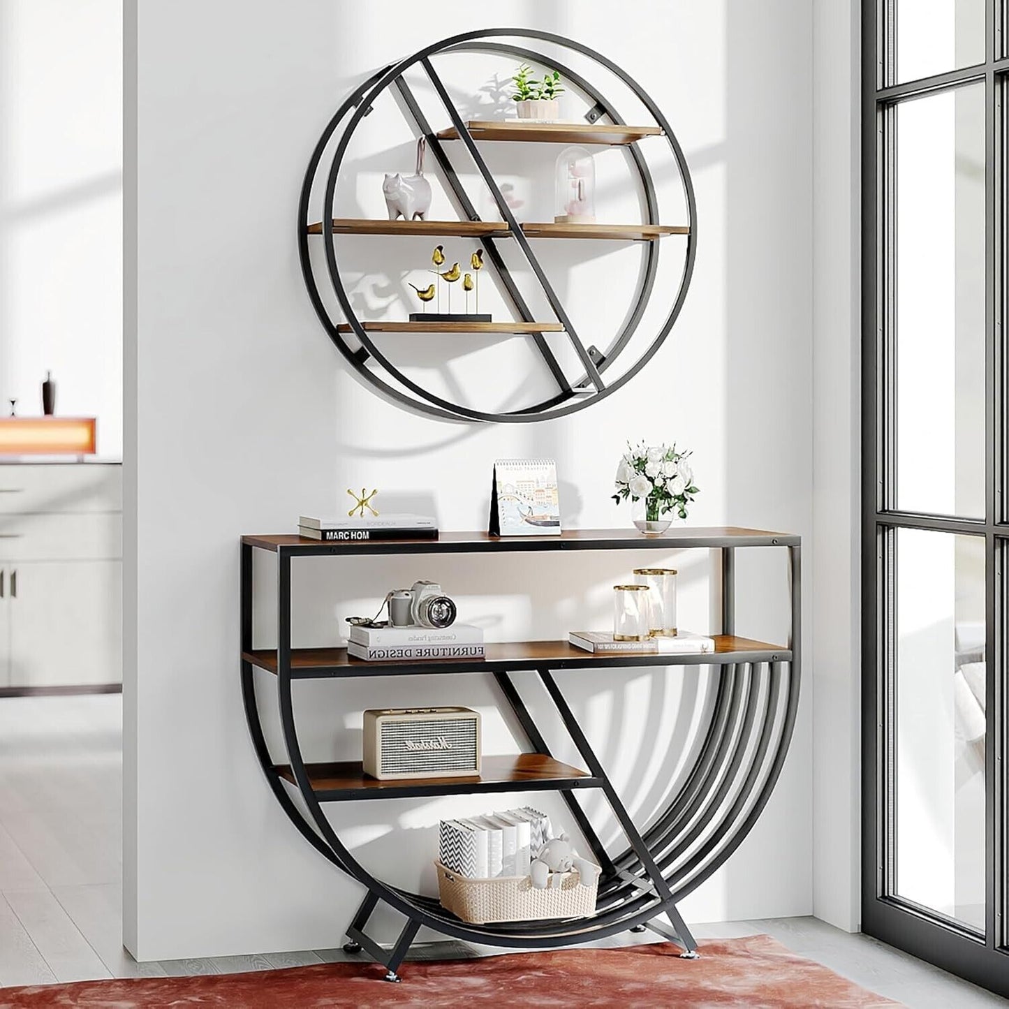 Clockwork Console Table - 3-Tier Entryway Table with Storage, Wood Sofa Table