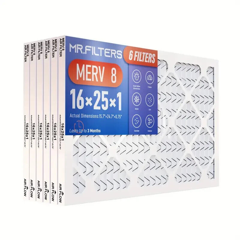 16x25x1 MERV 8 Pleated AC Furnace Air Filters AC Furnace Hvac Filter. 6 Pack