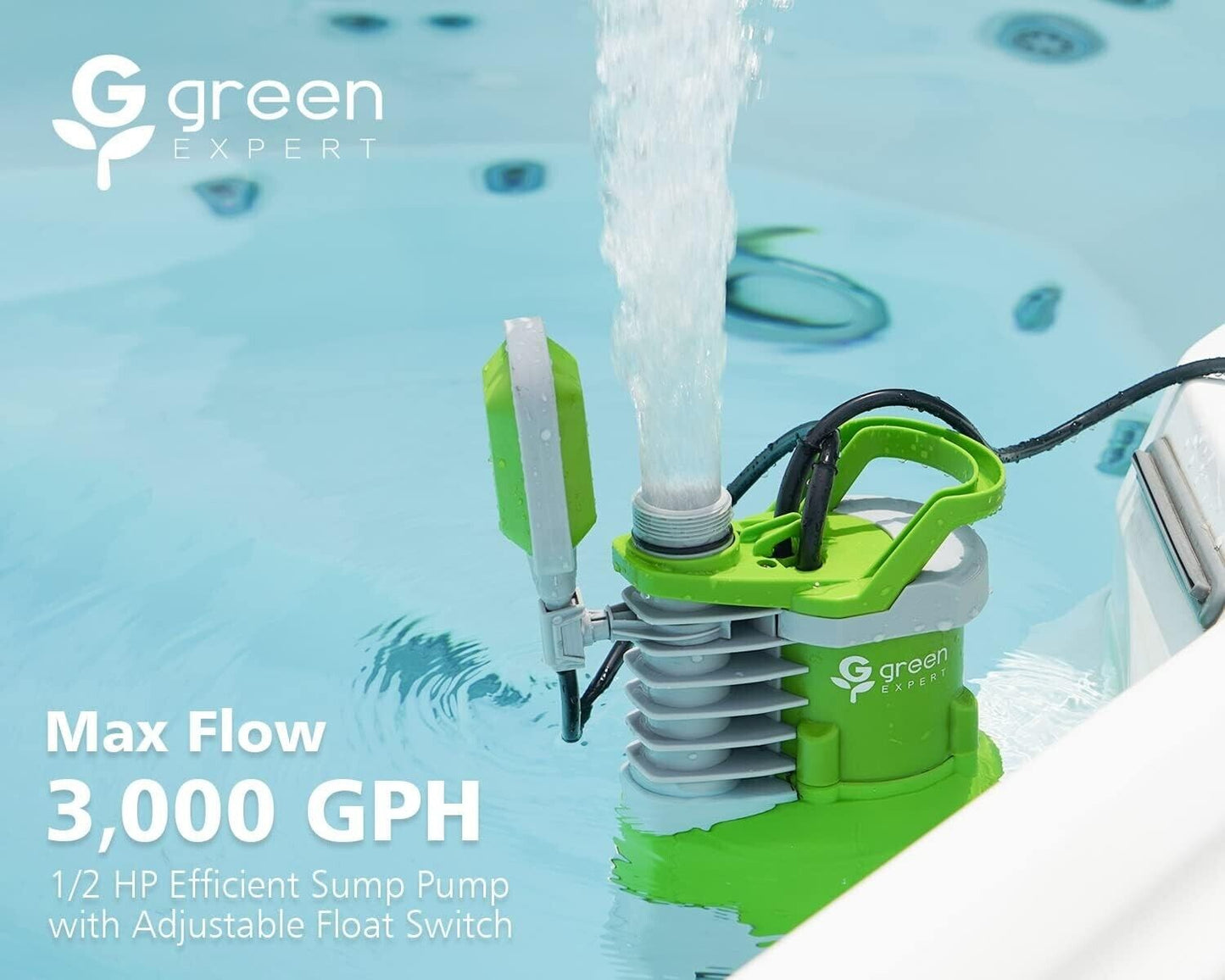 Green Expert 1/2 HP Submersible Sump Pump Max Flow 3000GPH Built-in Float Switch