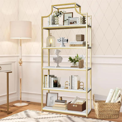 5-Tier Gold Bookcase, 29.5" Lx70.6 H, Bookshelf for Bedroom,Gold Book Display Sh