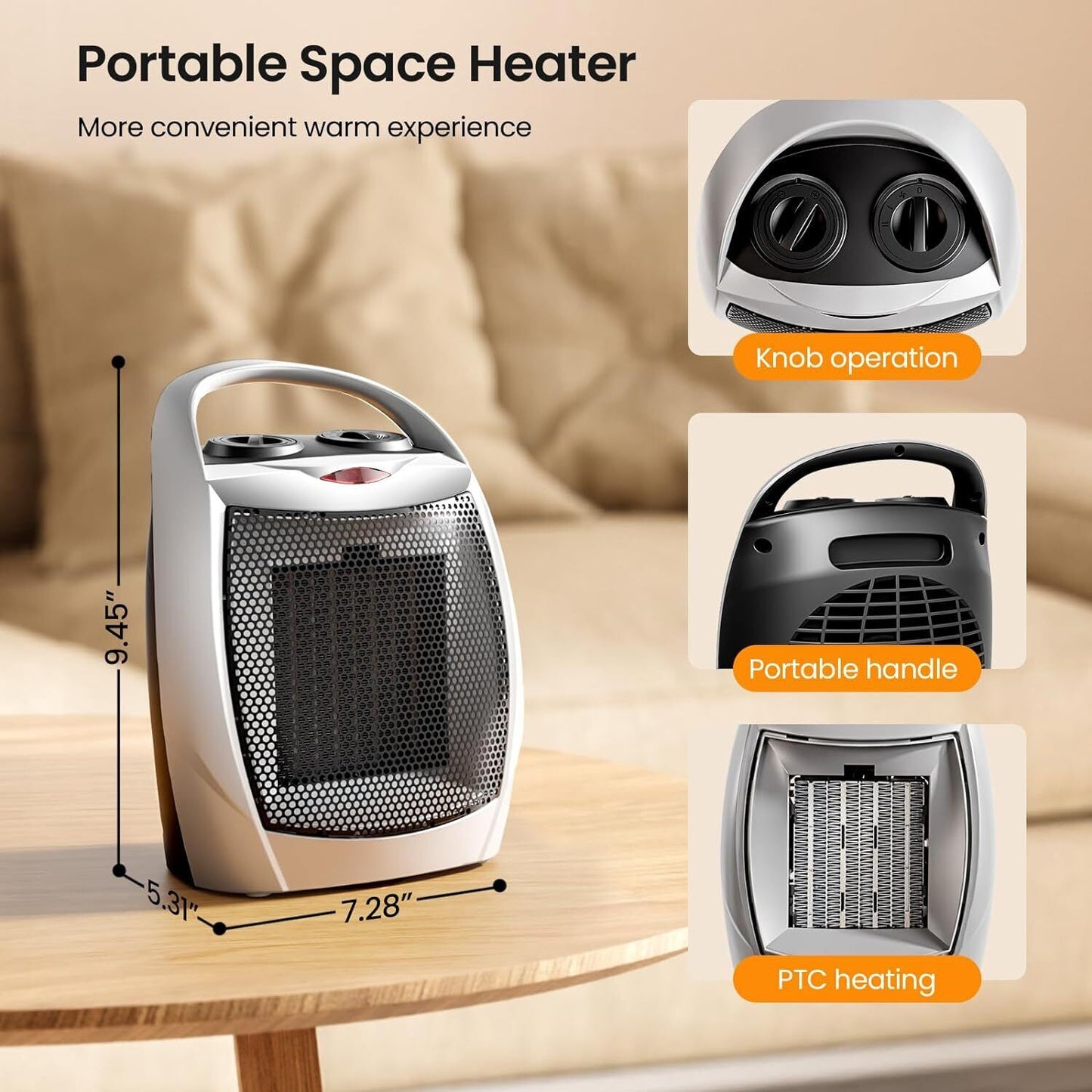 Kismile Small Electric Space Heater Ceramic Space Heater Fan Portable 750W/1500W