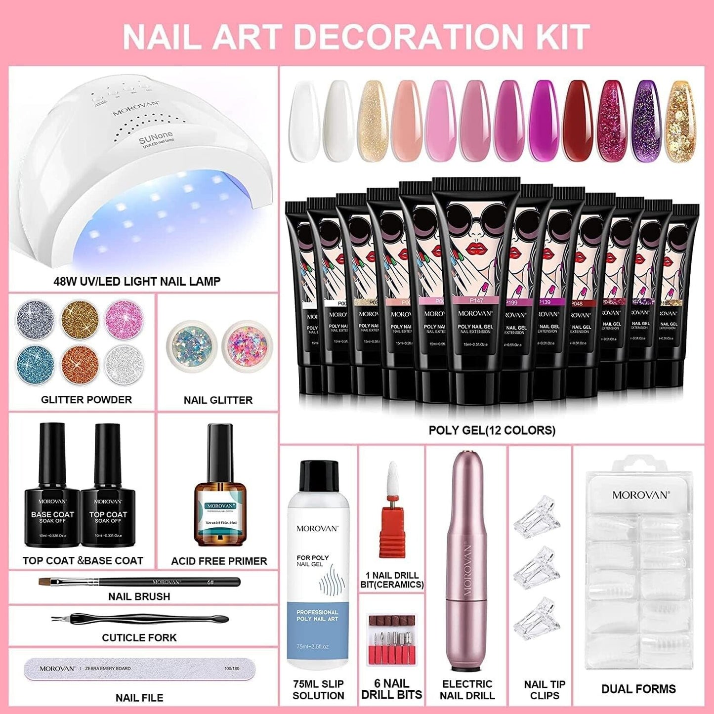 Morovan Poly Gel Nail Kit - 12 Colors Poly Nail Gel Kit with 48W LED Nail Lamp