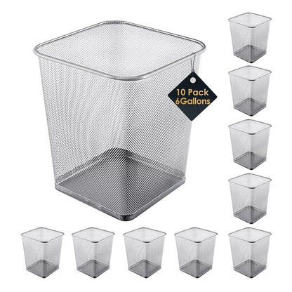 10-Pack Silver Square Metal Trash Cans, 6 Gallon Capacity, Mesh Design, Non-S...