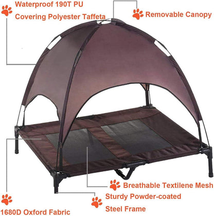 Elevated Dog Bed with Canopy Outdoor Raised Pet Cot Shade Tent Cooling Camping