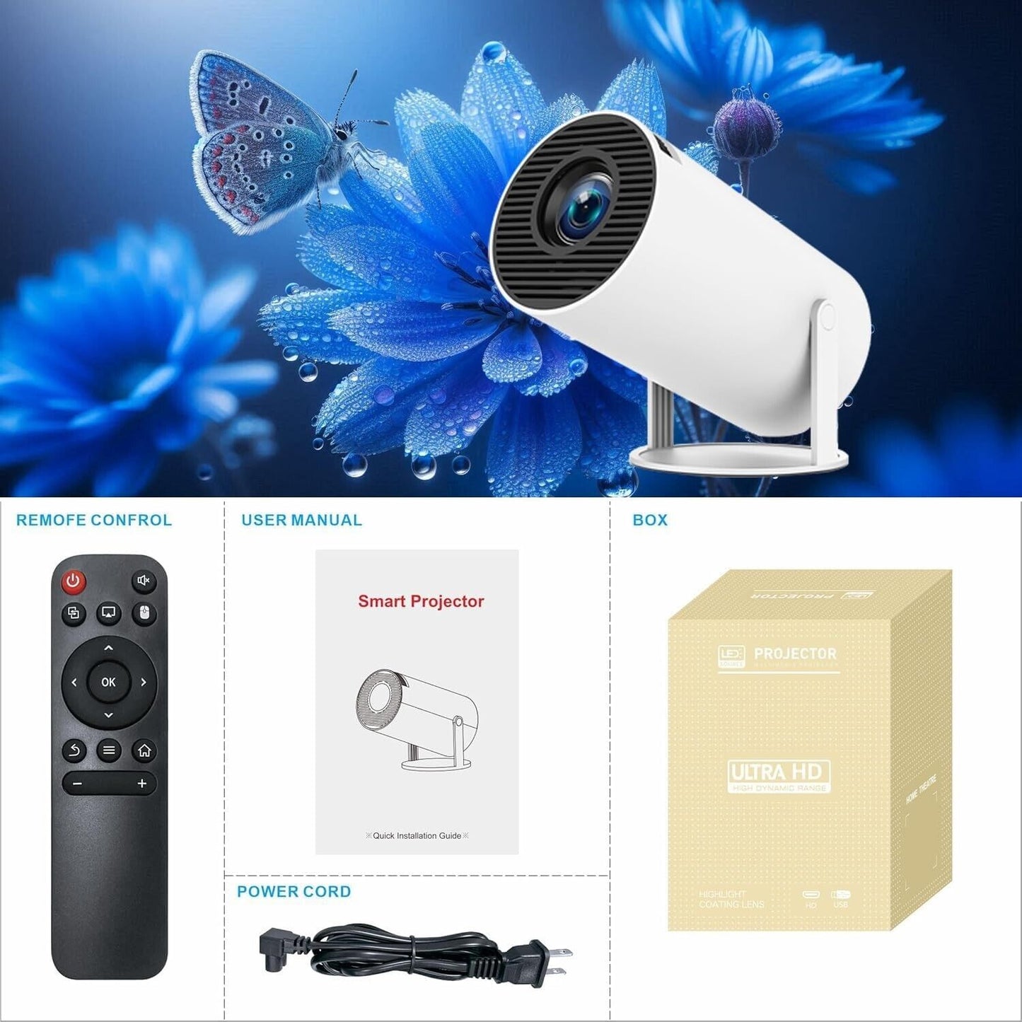 Mini Portable Projector 4K 260 ANSI Smart Projector WiFi 6 Bluetooth Android 11